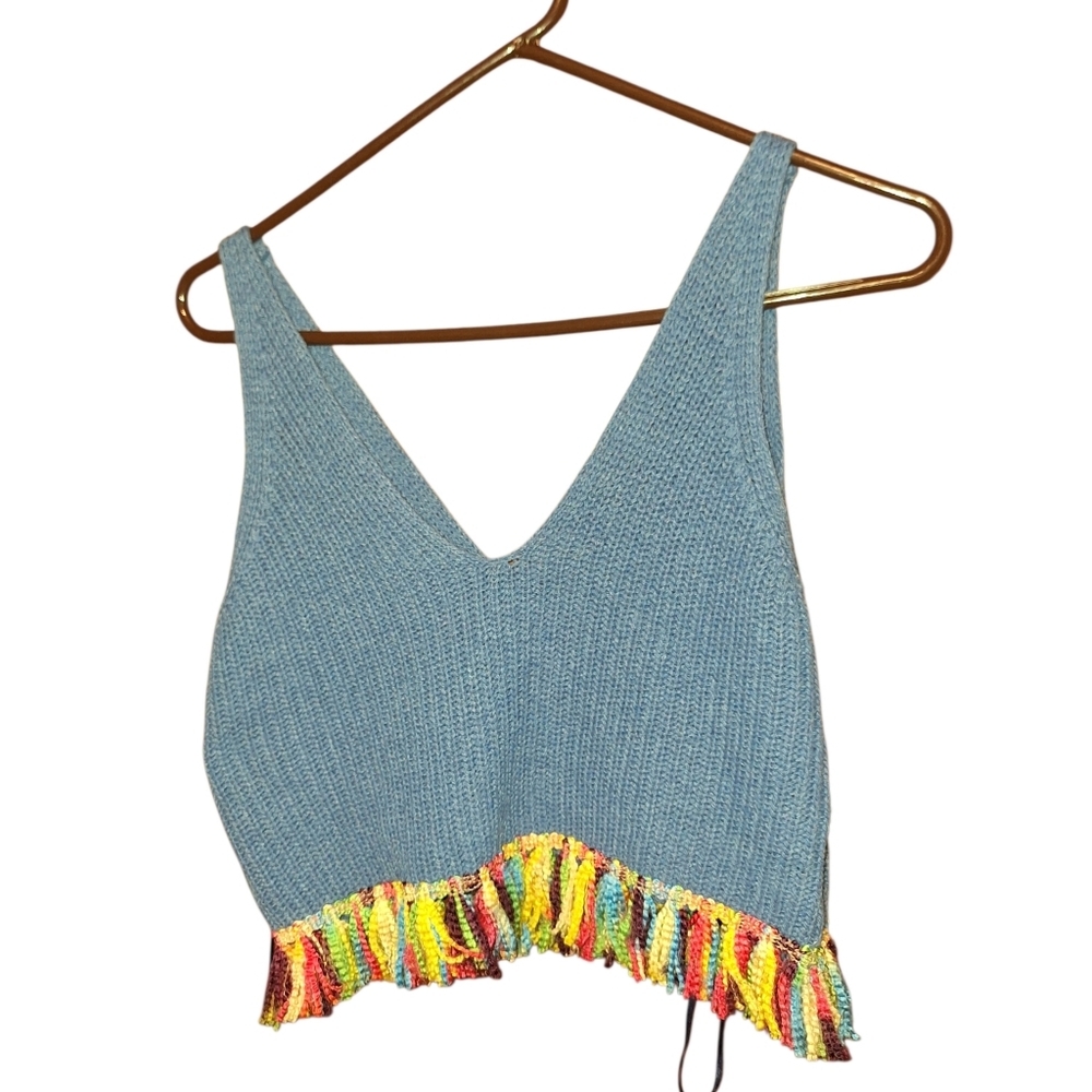 DEBUT Cropped Knit Fringed Pullover V-neck Hippie Festival Bohemian Boho S/M